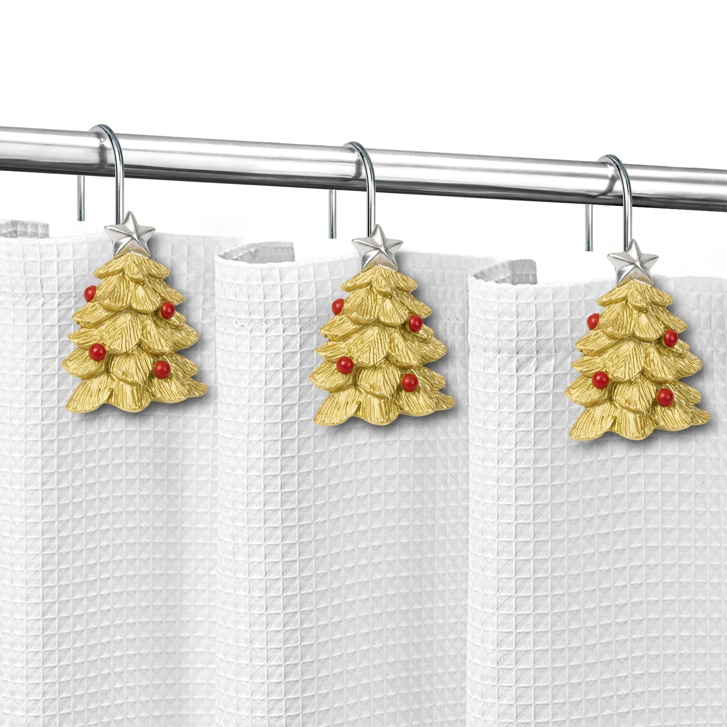 Sunlit Christmas Tree Decorative Shower Curtain Hooks with Star, Green Shower Curtain Rings, Resin, Xmas Theme Winter Holiday Bathroom Decoration, Set of 12