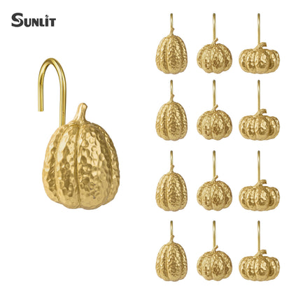 Sunlit Fall Pumpkin Decorative Shower Curtain Hooks, Autumn Harvest Festival Shower Curtain Rings, Resin Farmhouse Bathroom Curtain Hangers Decoration, Set of 12, Orange Blue White