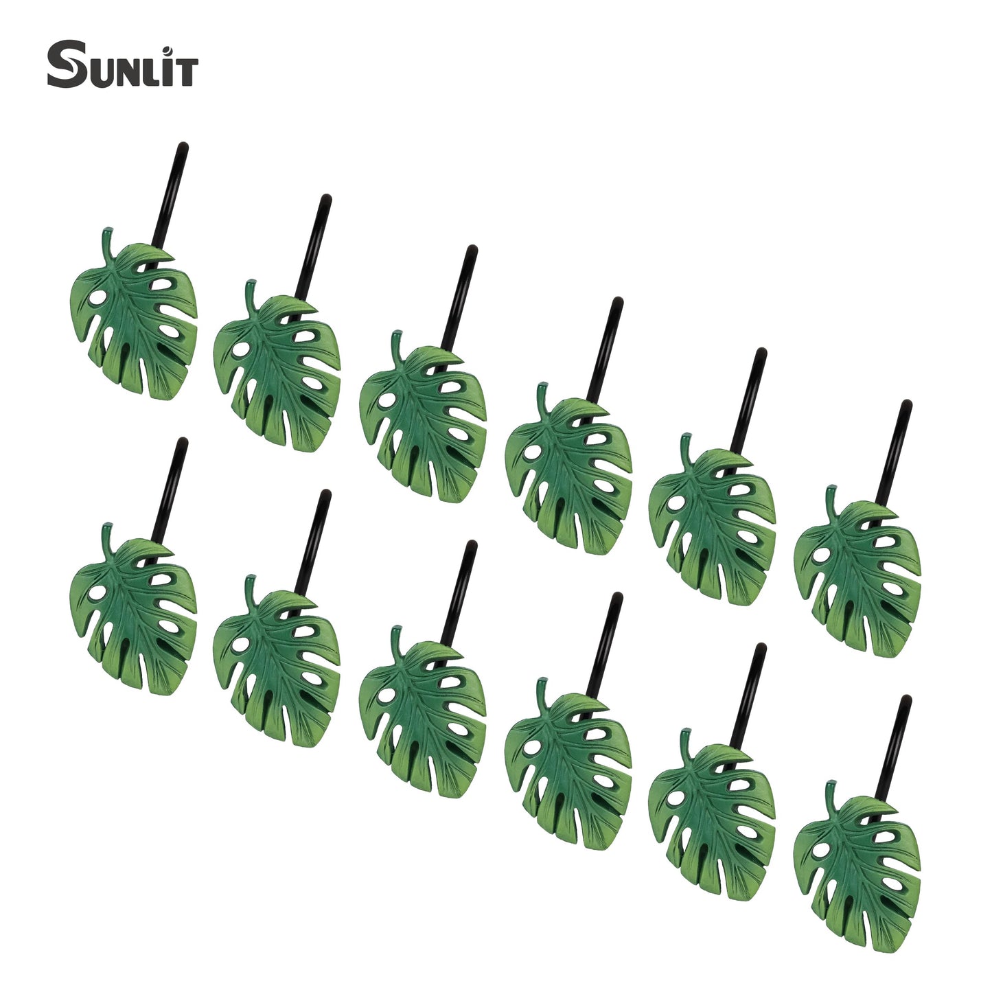 Tropical Leaf Decorative Shower Curtain Hooks Green Botanical Shower Curtain Rings, Resin, Monstera Deliciosa Leaves Shower Curtain Hangers for Bathroom, Set of 12
