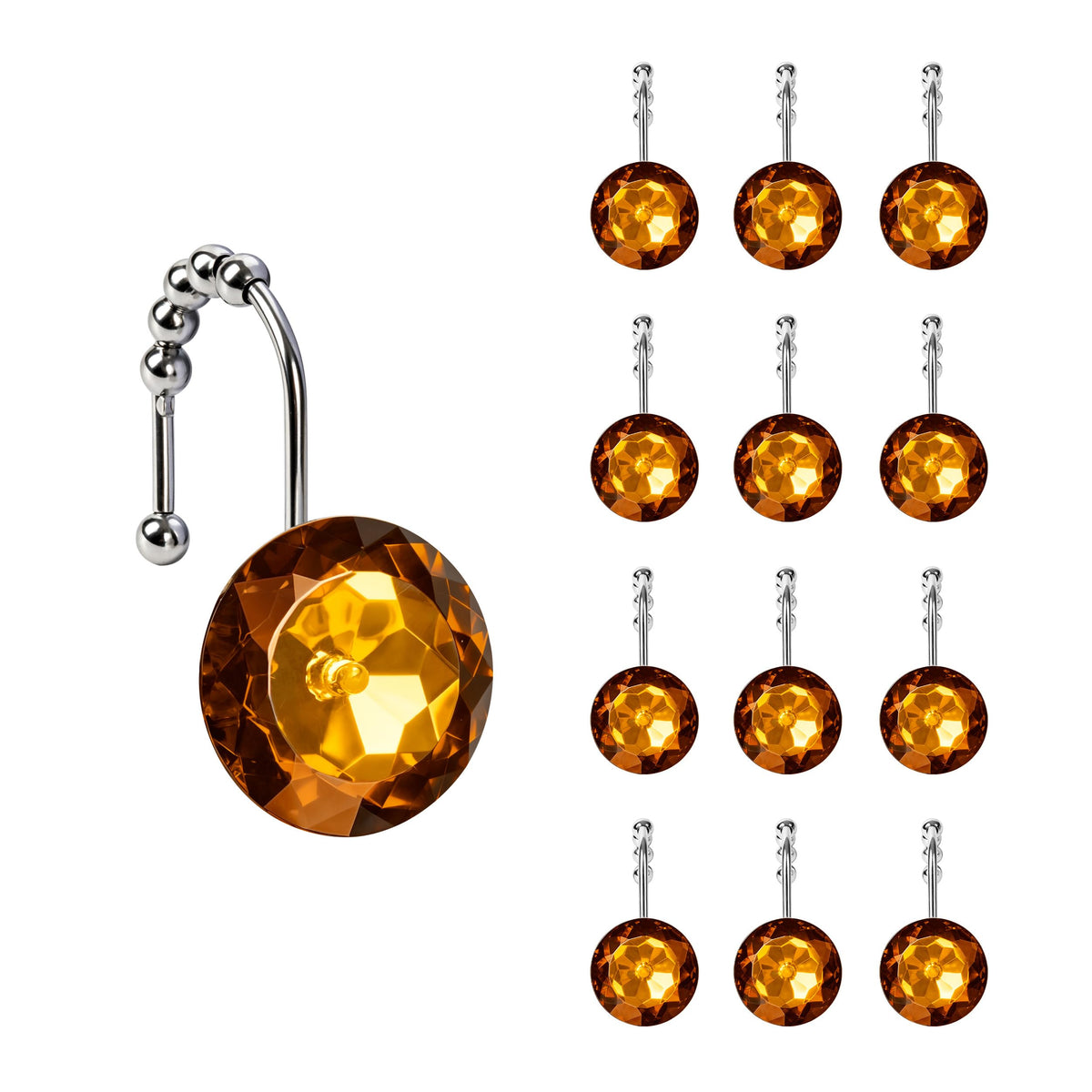 Sunlit Round Rhinestone Shower Curtain Hooks with Glide Balls, 12 Pack