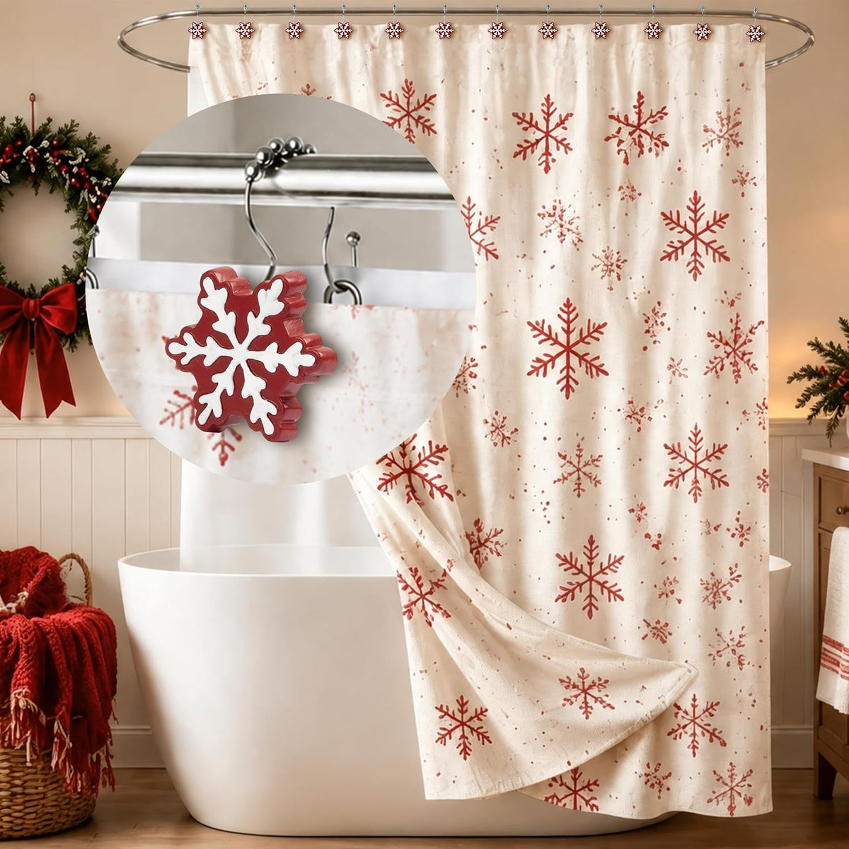 Sunlit Christmas Shower Curtain Hooks Snowflakes Double Shower Curtain Rings, Resin, Red and White Christmas Decor, Winter Bathroom Decoration - 12 Pack