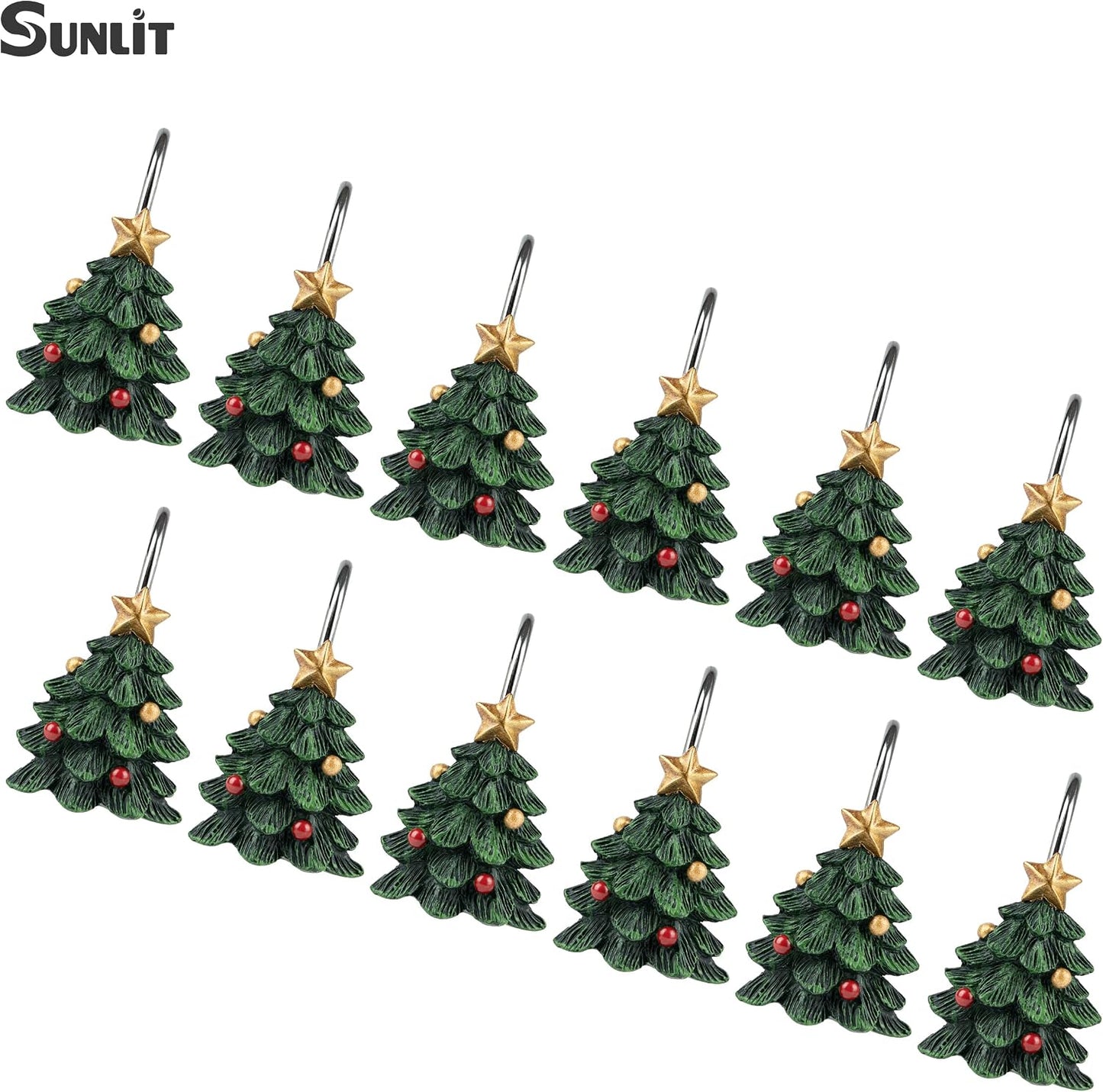 Sunlit Christmas Tree Decorative Shower Curtain Hooks with Star, Green Shower Curtain Rings, Resin, Xmas Theme Winter Holiday Bathroom Decoration, Set of 12