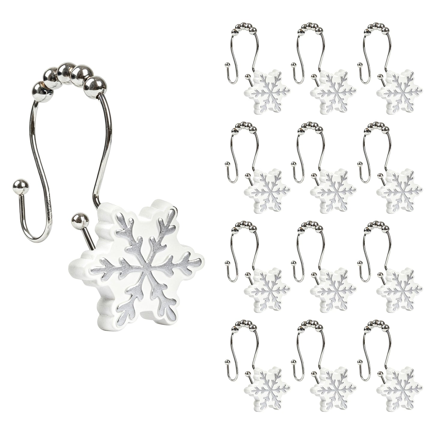 Sunlit Christmas Shower Curtain Hooks Snowflakes Double Shower Curtain Rings, Resin, Red and White Christmas Decor, Winter Bathroom Decoration - 12 Pack