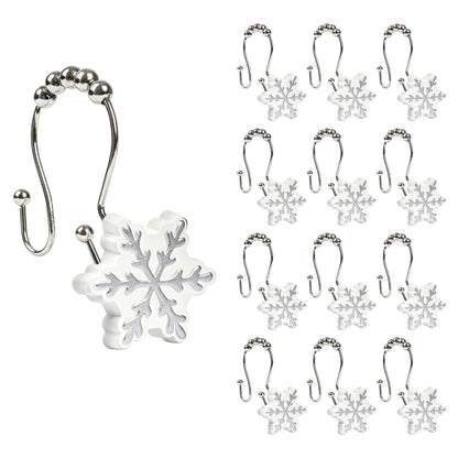 Sunlit Christmas Shower Curtain Hooks Snowflakes Double Shower Curtain Rings, Resin, Red and White Christmas Decor, Winter Bathroom Decoration - 12 Pack