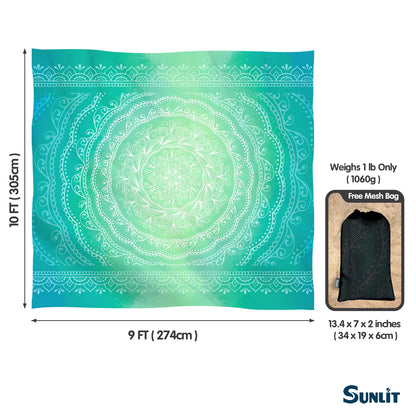 Sunlit 10'x9' Extra Large Boho Sand Proof Beach Blanket, Sand Proof Mat with Corner Pockets and Mesh Bag for Beach Party, Travel, Camping and Outdoor Music Festival, Light Orange and Sky Blue Mandala