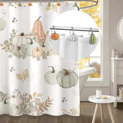 Sunlit Fall Pumpkin Decorative Shower Curtain Hooks, Autumn Harvest Festival Shower Curtain Rings, Resin Farmhouse Bathroom Curtain Hangers Decoration, Set of 12, Orange Blue White
