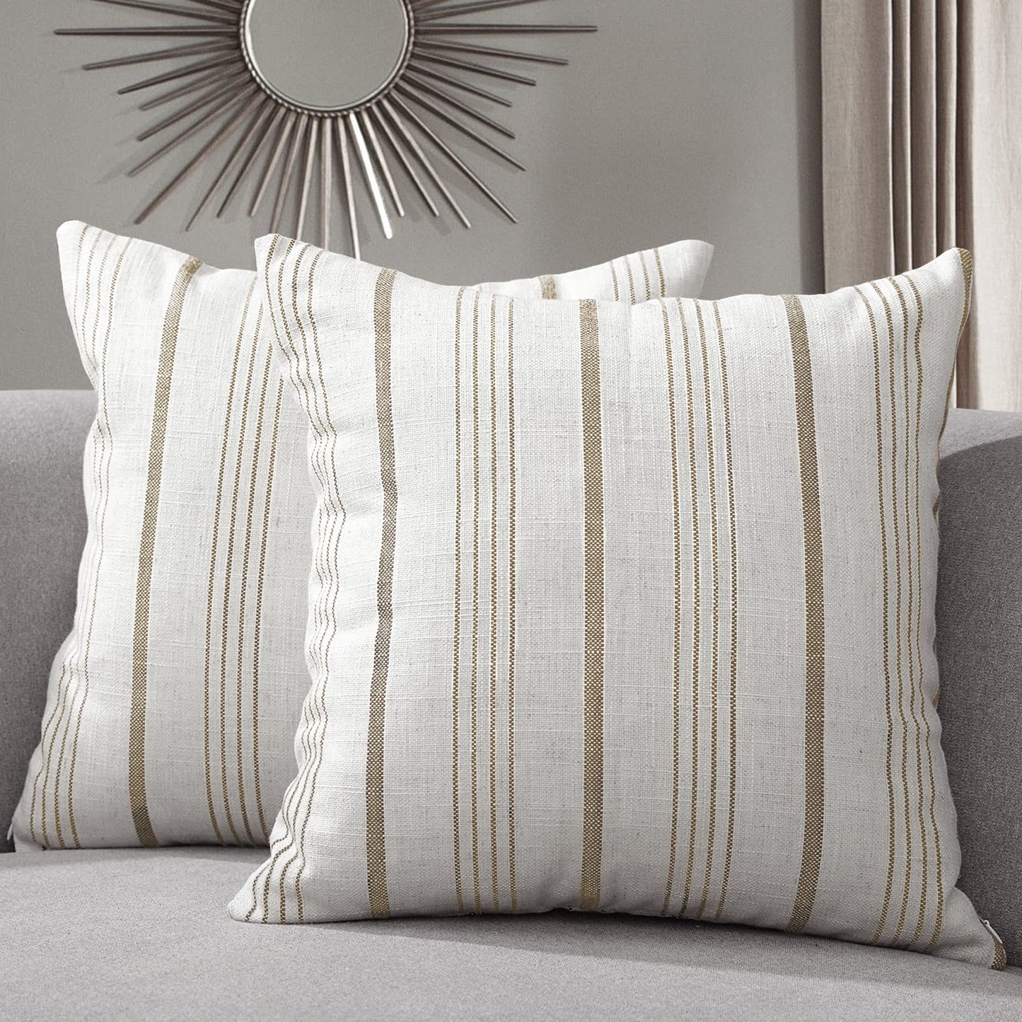 Sunlit Decorative Farmhouse Throw Pillow Case, Set of 2 Cream/Off-White with Black Stripes Modern Accent Square Pillow Cover, 22" x 22", Textured Linen Throw Cushion Covers for Couch Chair Bedroom
