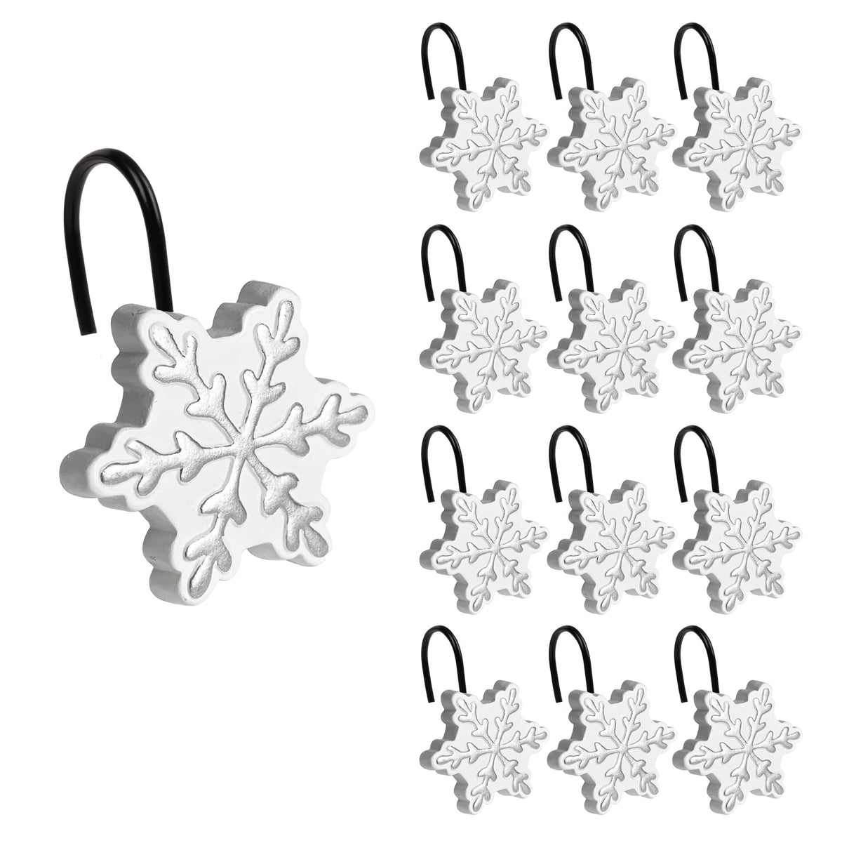 Sunlit Christmas Shower Curtain Hooks Snowflakes Double Shower Curtain Rings, Resin, Red and White Christmas Decor, Winter Bathroom Decoration - 12 Pack