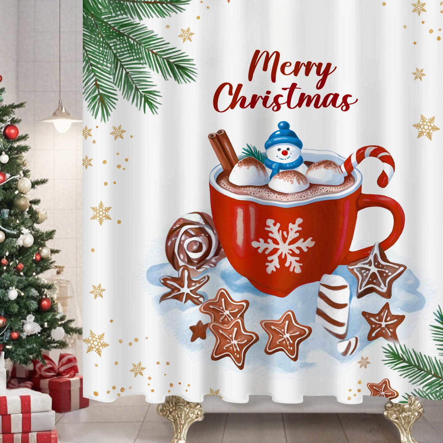 Sunlit Christmas Shower Curtain, Red Mug Hot Cocoa with Snowman Marshmallows and Gingerbread Cookies, Whimsical Holiday Scene Festive Bathroom Fabric Shower Curtain, Home Decor Tapestry, 72" x 72"