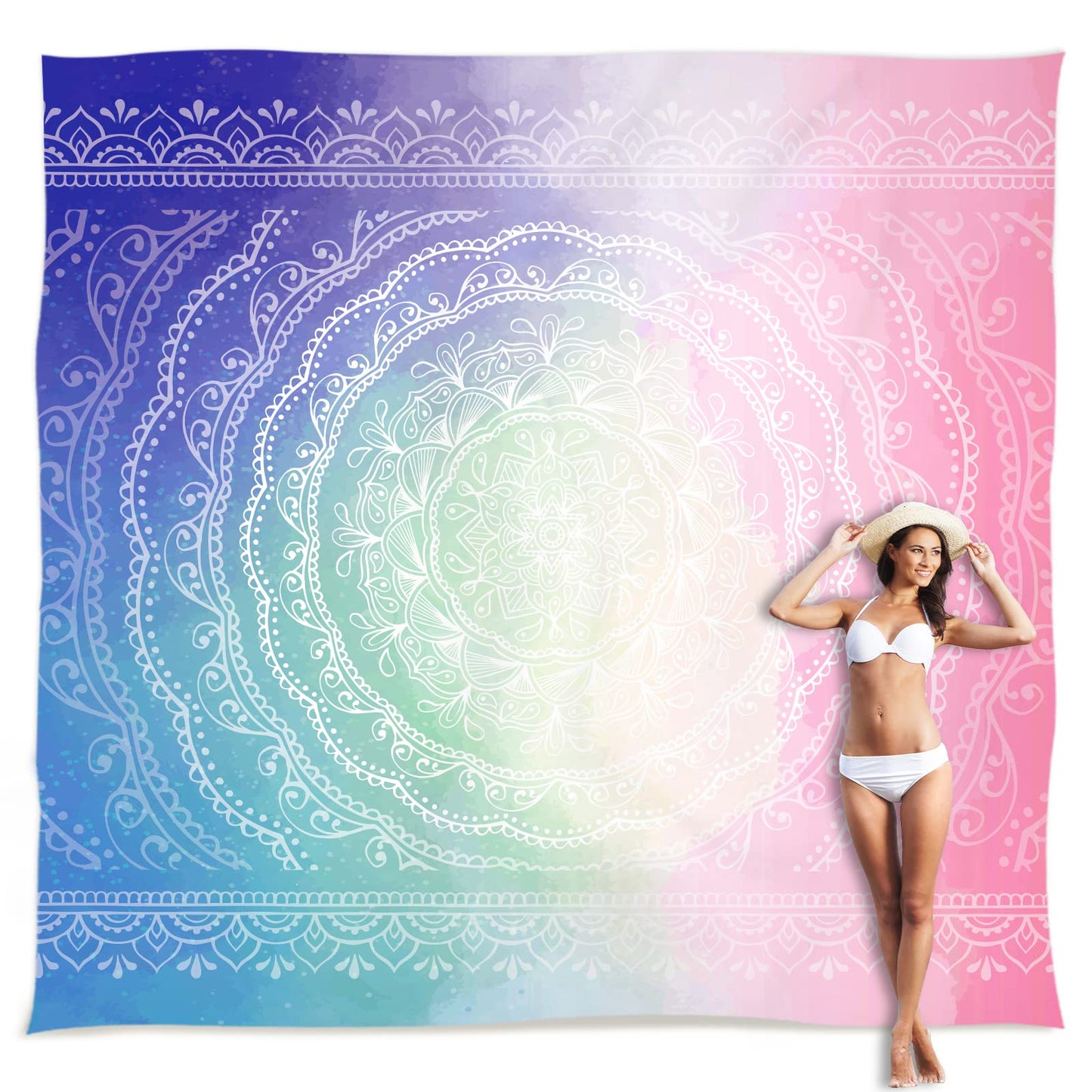 Sunlit 10'x9' Extra Large Boho Sand Proof Beach Blanket, Sand Proof Mat with Corner Pockets and Mesh Bag for Beach Party, Travel, Camping and Outdoor Music Festival, Light Orange and Sky Blue Mandala