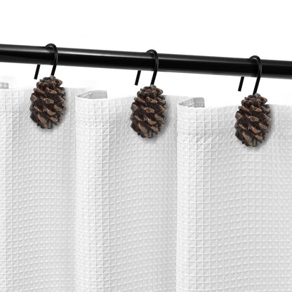 Sunlit Snowy Pinecone Shower Curtain Hooks Set of 12, Snow-Tipped Pine Cone Curtain Rings for Christmas Winter Bathroom Decor, Rustic Decorative Resin Bath Accessories