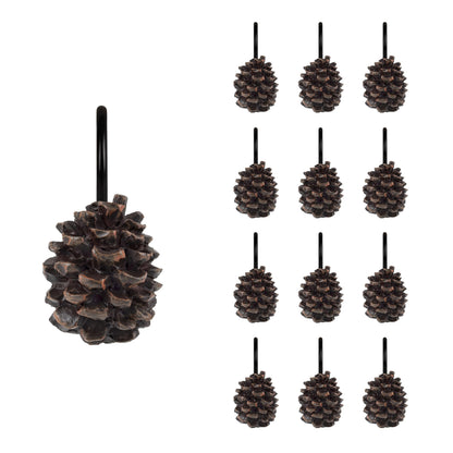 Sunlit Snowy Pinecone Shower Curtain Hooks Set of 12, Snow-Tipped Pine Cone Curtain Rings for Christmas Winter Bathroom Decor, Rustic Decorative Resin Bath Accessories