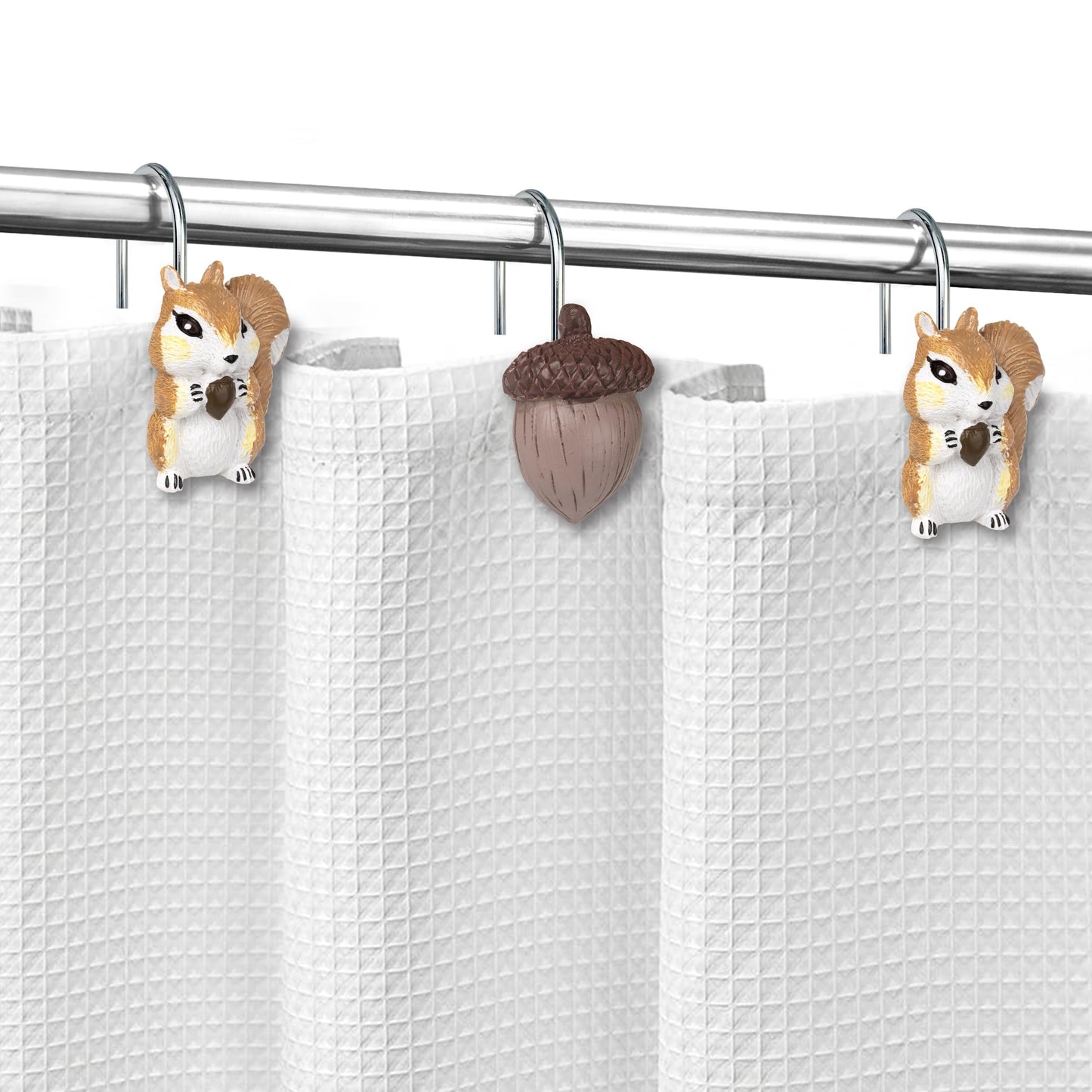 Sunlit Fall Autumn Decorative Shower Curtain Hooks, Pumpkin Maple Leaf Squirrel Acorn Shower Curtain Rings, Resin, Orange Leaves Cute Bathroom Curtain Hangers Decoration, Set of 12