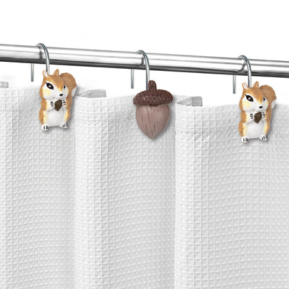 Sunlit Fall Autumn Decorative Shower Curtain Hooks, Pumpkin Maple Leaf Squirrel Acorn Shower Curtain Rings, Resin, Orange Leaves Cute Bathroom Curtain Hangers Decoration, Set of 12