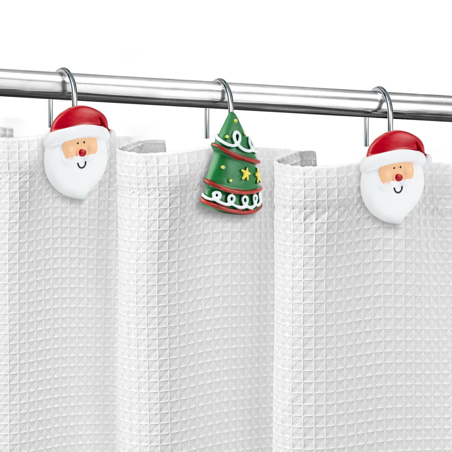 Sunlit Merry Christmas Shower Curtain Hooks Smiling Santa Claus Shower Curtain Rings, Resin, Christmas Decor, Winter Bathroom Decoration - 12 Pack