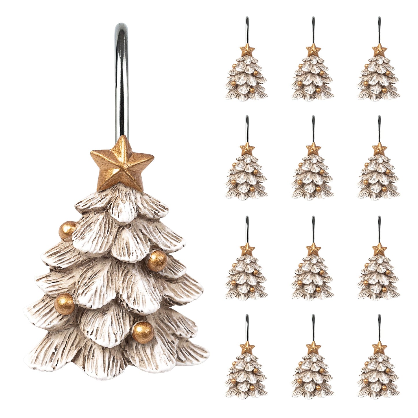 Sunlit Christmas Tree Decorative Shower Curtain Hooks with Star, Green Shower Curtain Rings, Resin, Xmas Theme Winter Holiday Bathroom Decoration, Set of 12