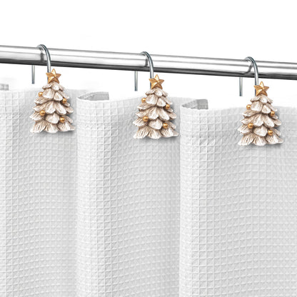 Sunlit Christmas Tree Decorative Shower Curtain Hooks with Star, Green Shower Curtain Rings, Resin, Xmas Theme Winter Holiday Bathroom Decoration, Set of 12