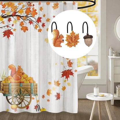 Sunlit Fall Autumn Decorative Shower Curtain Hooks, Pumpkin Maple Leaf Squirrel Acorn Shower Curtain Rings with Black Hooks, Resin, Orange Leaves Cute Bathroom Curtain Hangers Decoration, Set of 12
