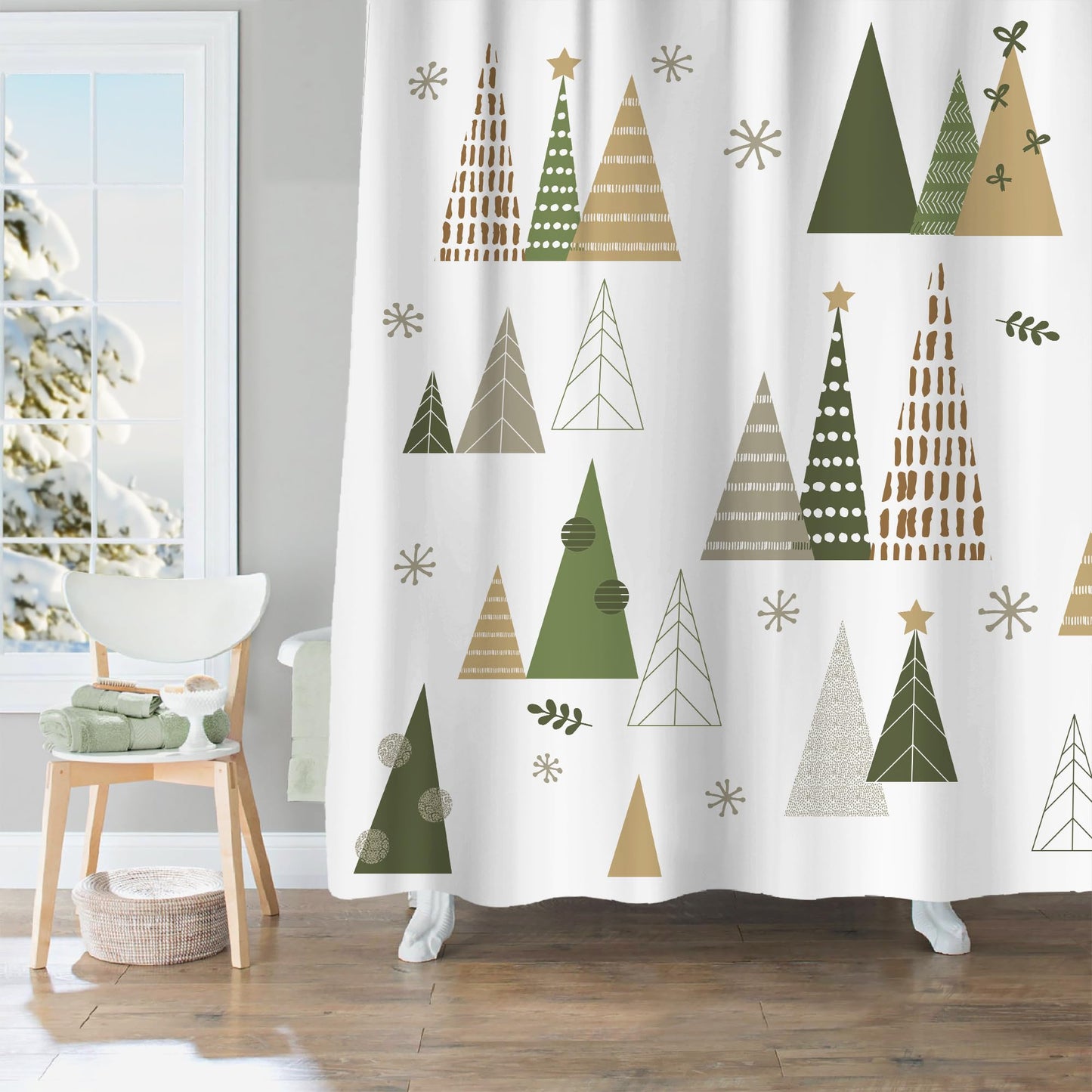 Sunlit Geometric Modern Design Christmas Shower Curtain Christmas Tree Bathroom Home Office Holiday Wall Decoration as Tapestry and Photo Booth Backdrop Red Green White Printed