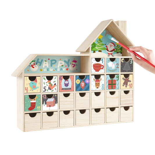 Sunlit Christmas Wooden Advent Calendar with Drawers, Unfinished Wooden, House Shaped Countdown Calendar Ready to Decorate and Personalize | Craft Storage Box | DIY Guru and Crafters