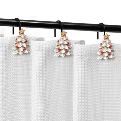 Sunlit Christmas Tree Decorative Shower Curtain Hooks with Star, Green Shower Curtain Rings, Resin, Xmas Theme Winter Holiday Bathroom Decoration, Set of 12