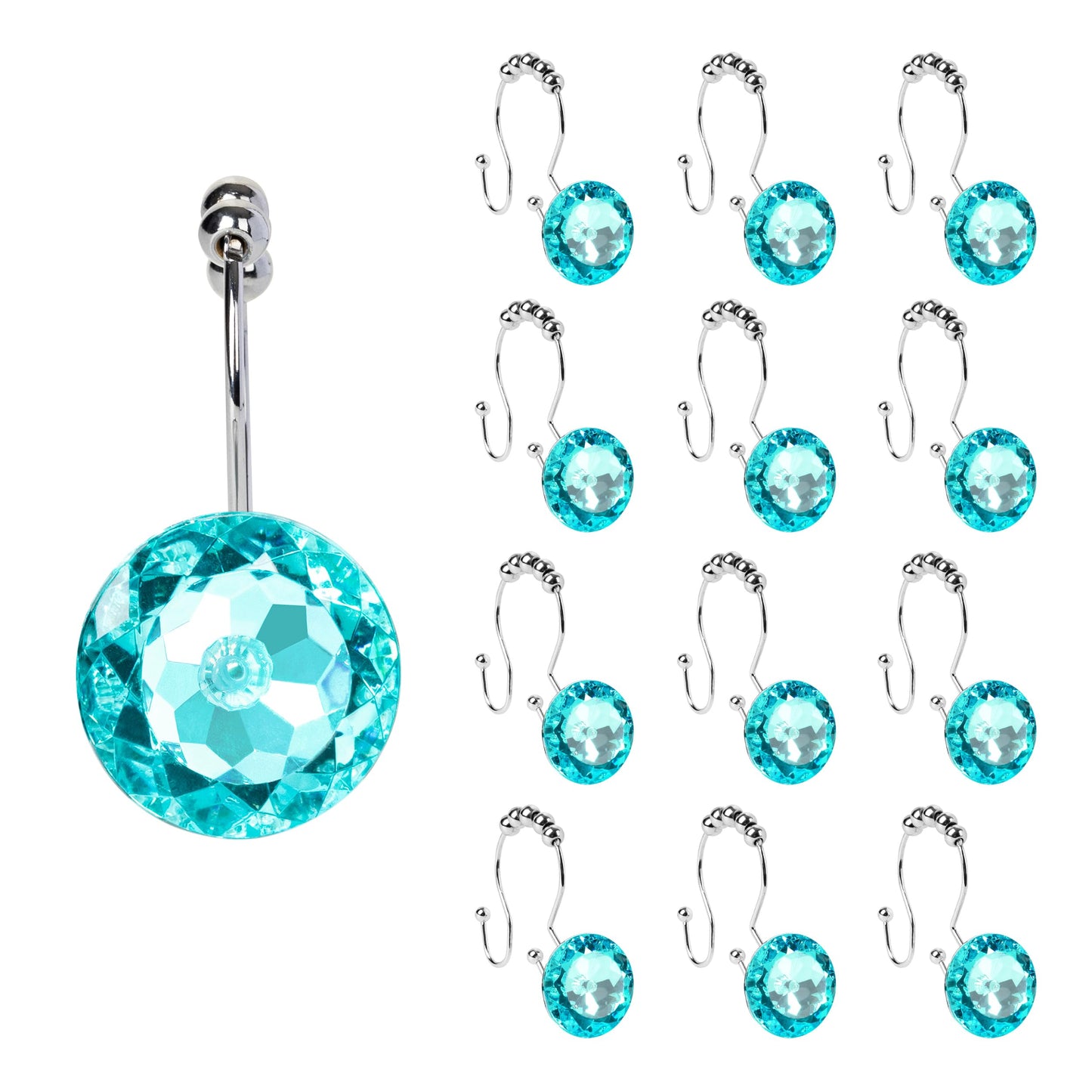 Sunlit Round Rhinestone Shower Curtain Hooks with Glide Balls, 12 Pack