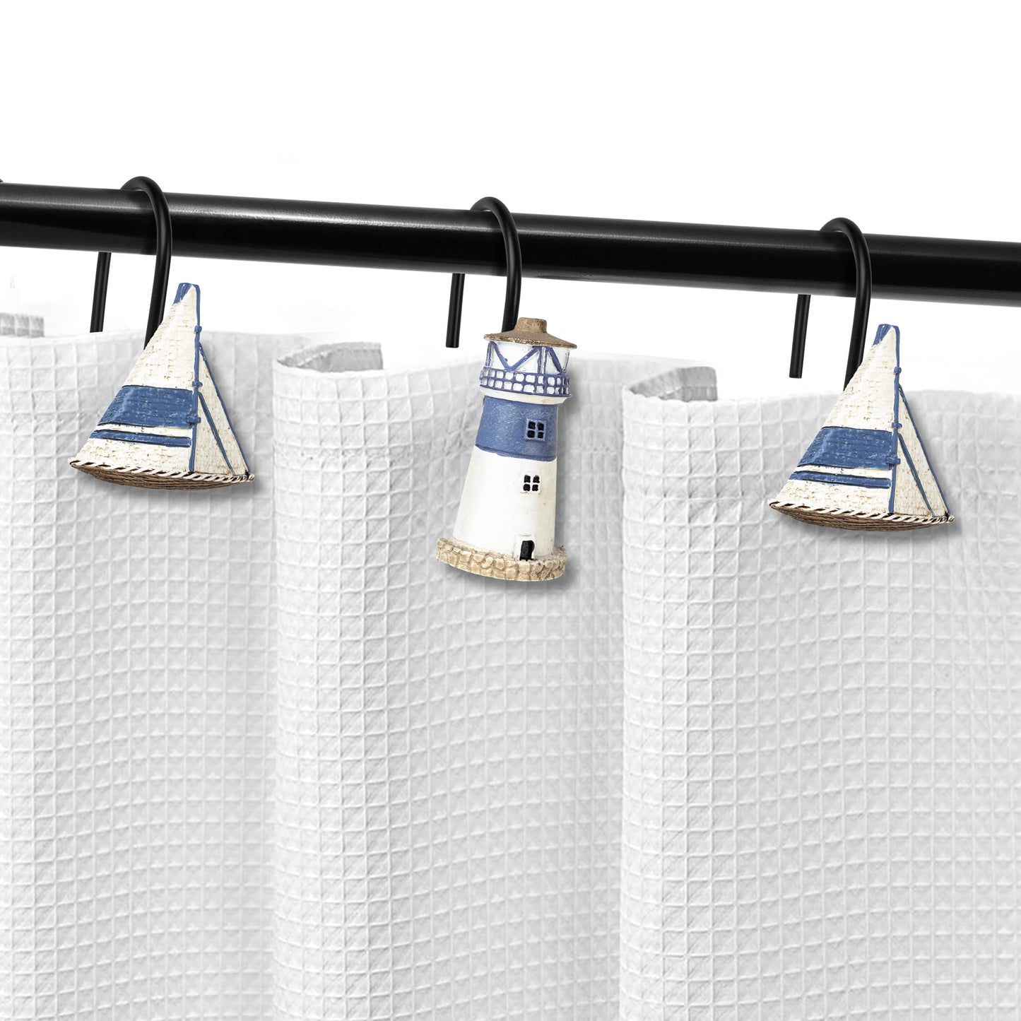 Sunlit Nautical Shower Curtain Hooks, Home Decorative Coastal Shower Curtain Rings for Bathroom, Resin, Ocean Shower Curtain Hanger Hooks for Living Room, Set of 12, Blue Lighthouse Sailboat
