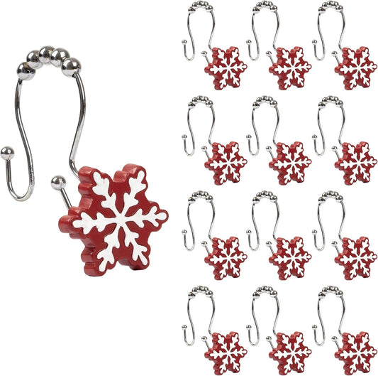 Sunlit Christmas Shower Curtain Hooks Snowflakes Double Shower Curtain Rings, Resin, Red and White Christmas Decor, Winter Bathroom Decoration - 12 Pack