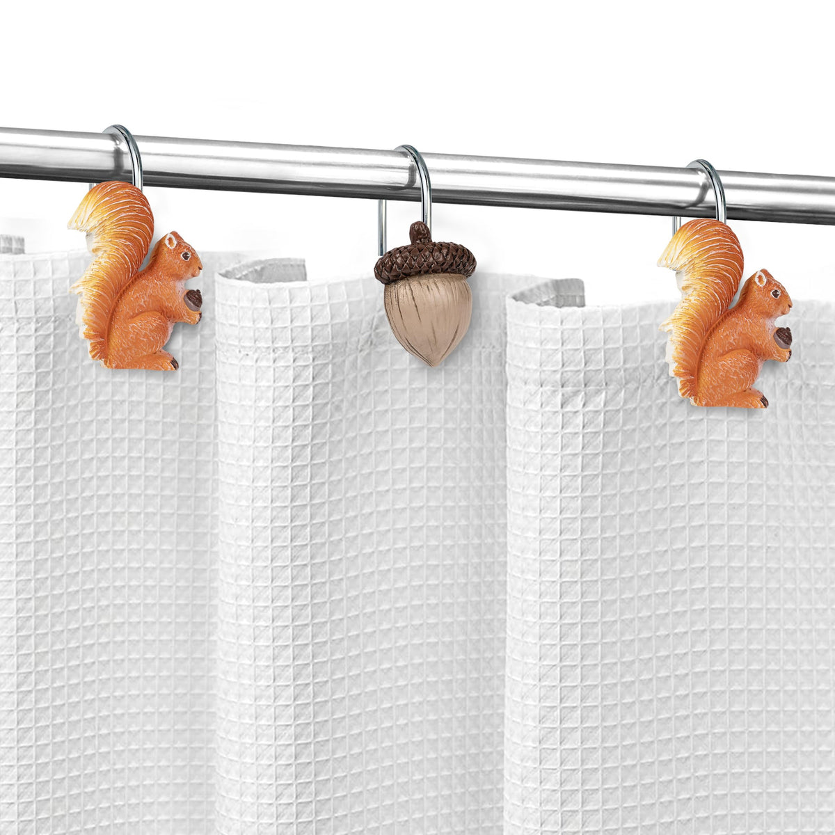 Sunlit Fall Autumn Decorative Shower Curtain Hooks, Pumpkin Maple Leaf Squirrel Acorn Shower Curtain Rings with Black Hooks, Resin, Orange Leaves Cute Bathroom Curtain Hangers Decoration, Set of 12