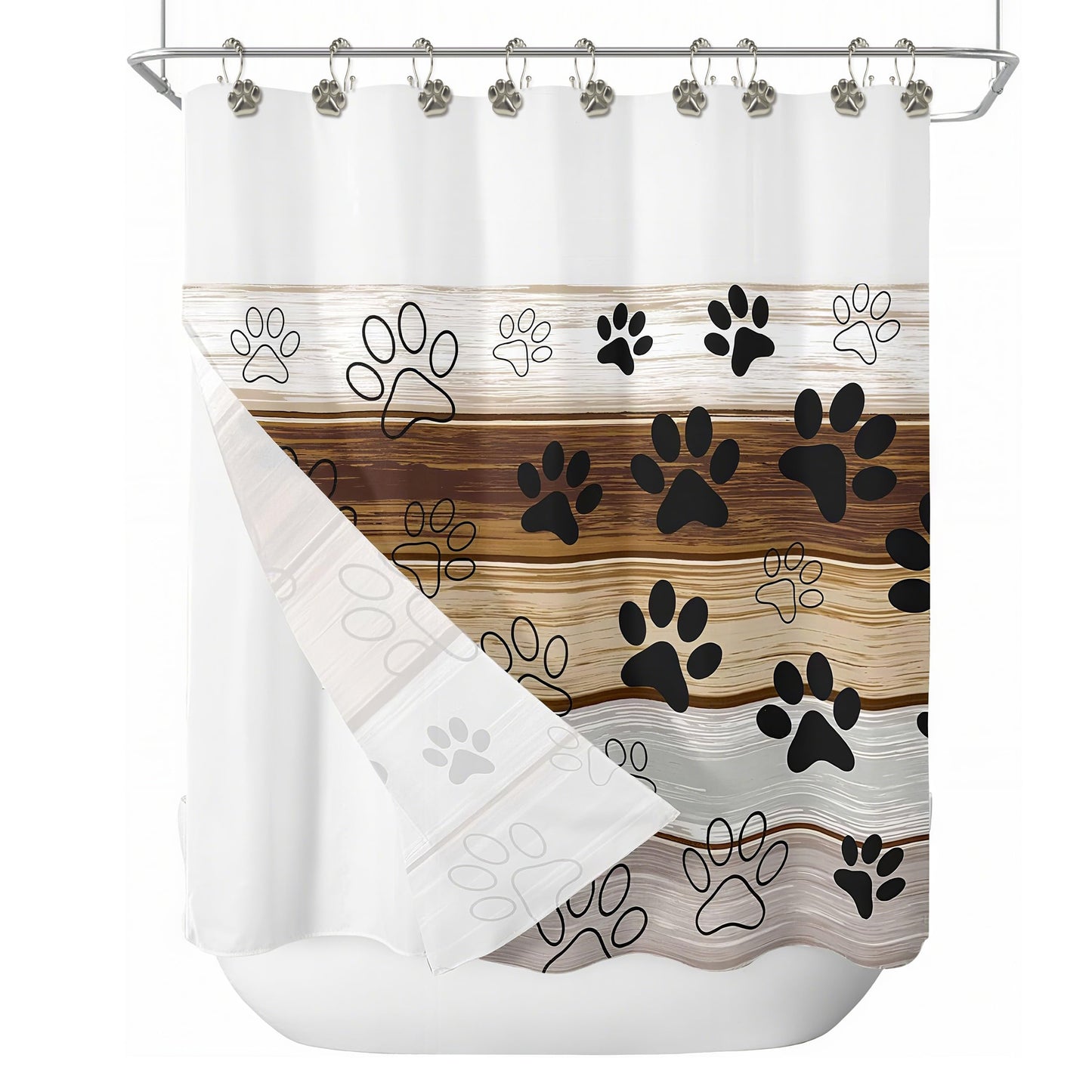 Sunlit Fashion Design Cute Paw Print Polished Double Shower Curtain Hooks for Dog Cat and Bear, Rust Proof Oil Metal Shower Curtain Rings, Black-12 Pack