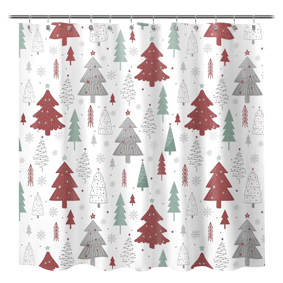 Sunlit Christmas Shower Curtain, Blue and Gray Xmas Trees with Stars and Snow Pattern Shower Curtains for Bathroom Decor, Winter Snowflake Pine Tree Bathroom Curtains, 71x71 Inch