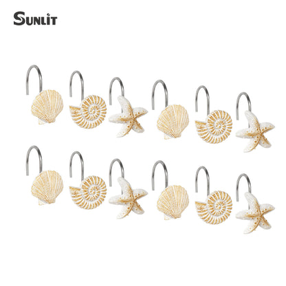 Sunlit Seashells Decorative Shower Curtain Hooks, Scallop Nautilus & Seahorse Shower Curtain Rings, Seashell Blush, Resin, Nautical Bathroom Decoration Beach Shower Curtain Hooks-12 Pack