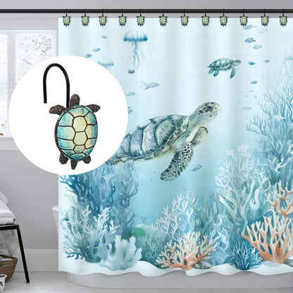 Sunlit Tilt Sea Turtle Shower Curtain Hooks, Home Decorative Shower Curtain Rings with Black Hooks for Bathroom, Resin, Ocean Shower Curtain Hanger Hooks for Kid Room Living Room, Set of 12