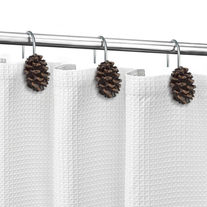 Sunlit Snowy Pinecone Shower Curtain Hooks Set of 12, Snow-Tipped Pine Cone Curtain Rings for Christmas Winter Bathroom Decor, Rustic Decorative Resin Bath Accessories