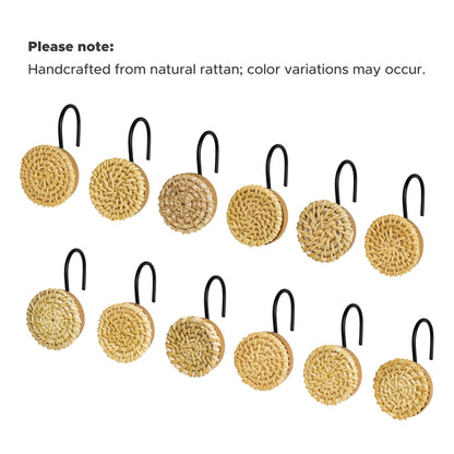 Sunlit Boho Decorative Shower Curtain Hooks, Woven Wicker Ratten Beige Shower Curtain Rings for Bathroom, Farmhouse Shower Curtain Hangers Bathroom Accessories, Set of 12