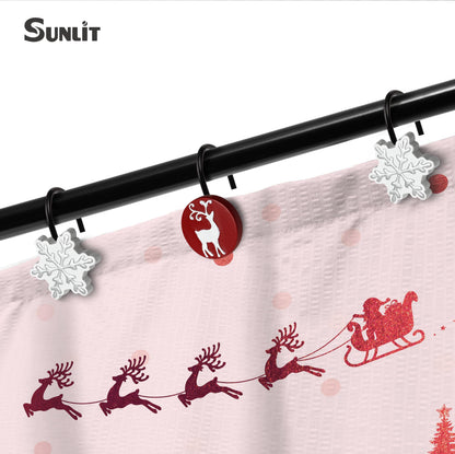 Sunlit Merry Christmas Shower Curtain Hooks White Reindeer Red Shower Curtain Rings, Resin, Winter Bathroom Decoration - 12 Pack