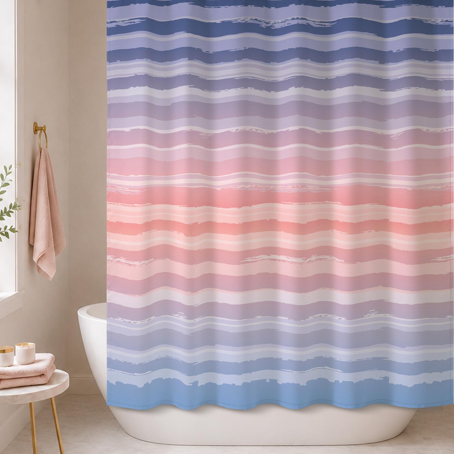 Sunlit Sunset Ombre Striped Shower Curtain, Blue and Orange Textured Slubbed Fabric Shower Curtain for Bathroom Decoration, Gradient Stripe Bathroom Curtain, 72x72