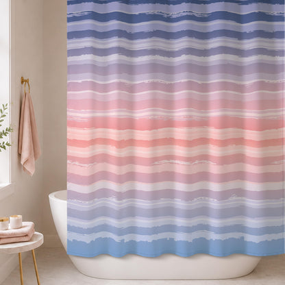 Sunlit Sunset Ombre Striped Shower Curtain, Blue and Orange Textured Slubbed Fabric Shower Curtain for Bathroom Decoration, Gradient Stripe Bathroom Curtain, 72x72