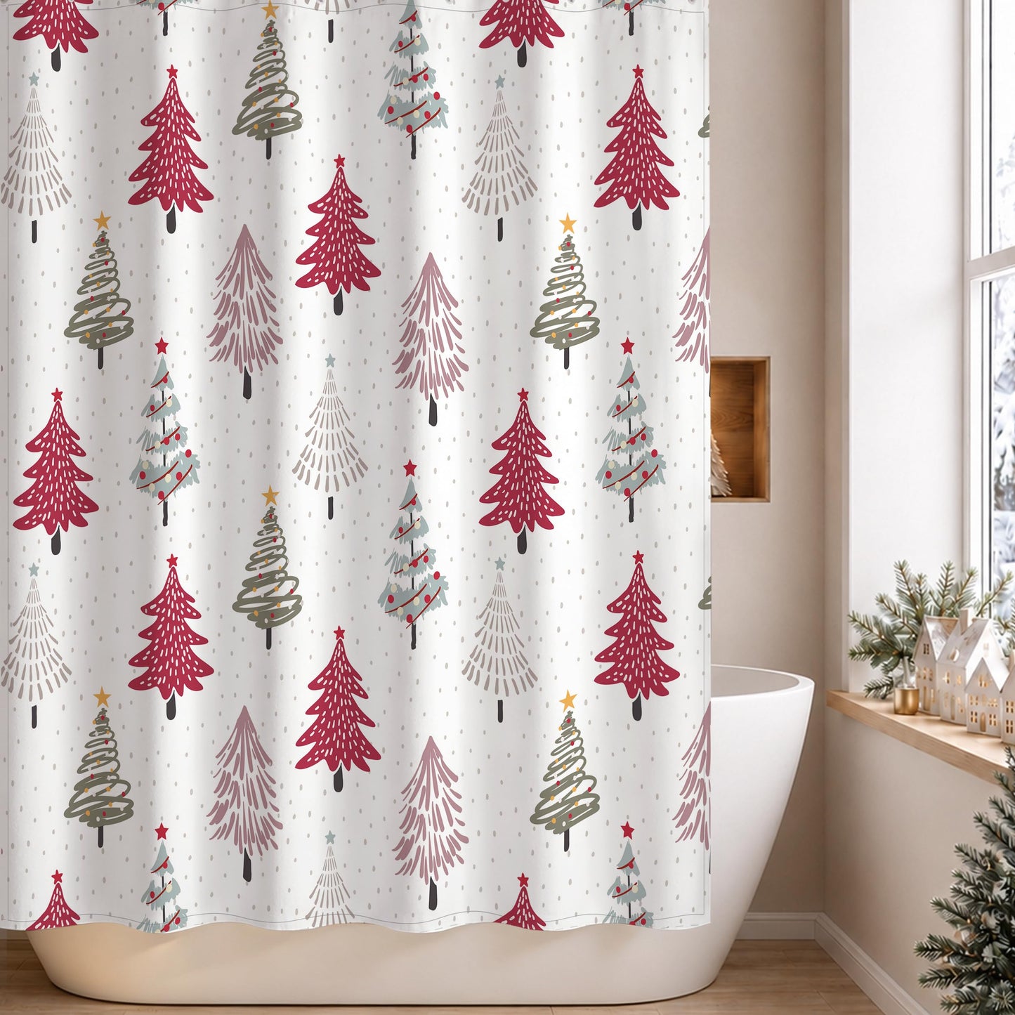Sunlit Christmas Shower Curtain, Blue and Gray Xmas Trees with Stars and Snow Pattern Shower Curtains for Bathroom Decor, Winter Snowflake Pine Tree Bathroom Curtains, 71x71 Inch