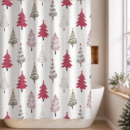 Sunlit Christmas Shower Curtain, Blue and Gray Xmas Trees with Stars and Snow Pattern Shower Curtains for Bathroom Decor, Winter Snowflake Pine Tree Bathroom Curtains, 71x71 Inch