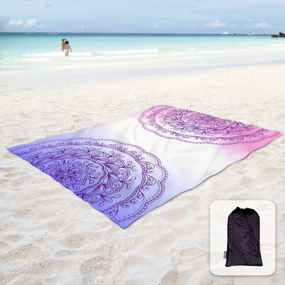 Sunlit 10'x9' Extra Large Boho Sand Proof Beach Blanket, Sand Proof Mat with Corner Pockets and Mesh Bag for Beach Party, Travel, Camping and Outdoor Music Festival, Light Orange and Sky Blue Mandala