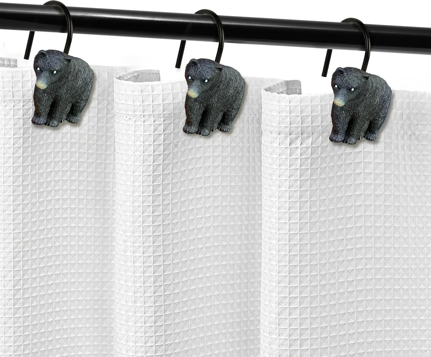 Sunlit Rustic Decorative Shower Curtain Hooks, Black Bear Shower Curtain Rings, Cabin Shower Curtain Hooks with Black Hooks, Resin, Farmhouse Bathroom Decoration, Set of 12