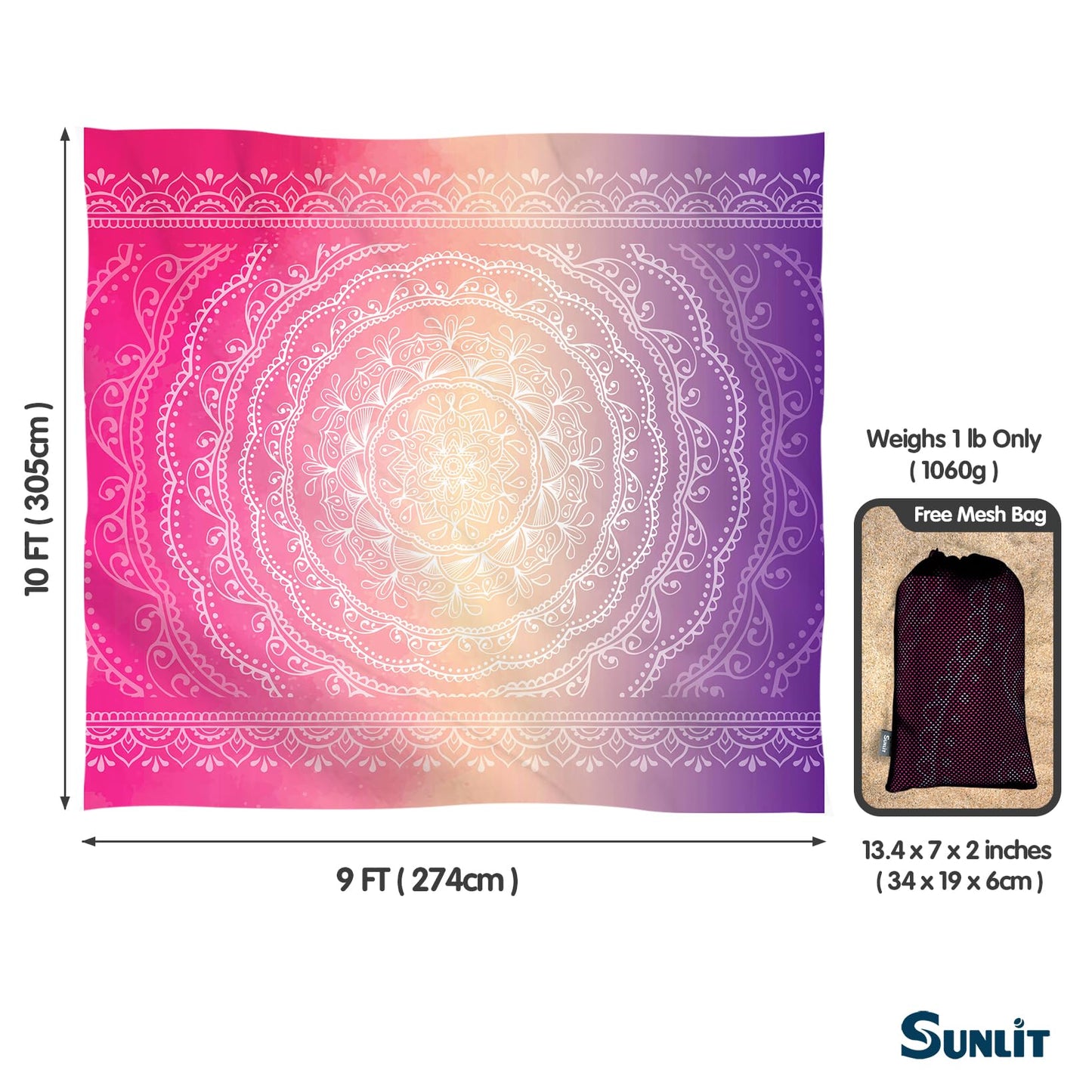 Sunlit 10'x9' Extra Large Boho Sand Proof Beach Blanket, Sand Proof Mat with Corner Pockets and Mesh Bag for Beach Party, Travel, Camping and Outdoor Music Festival, Light Orange and Sky Blue Mandala