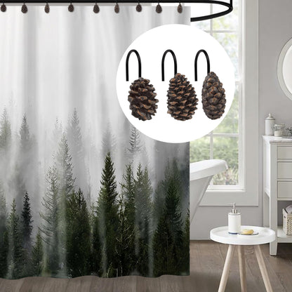 Sunlit Snowy Pinecone Shower Curtain Hooks Set of 12, Snow-Tipped Pine Cone Curtain Rings for Christmas Winter Bathroom Decor, Rustic Decorative Resin Bath Accessories