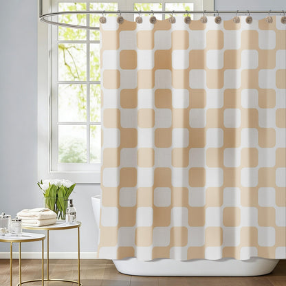 Sunlit Retro Checkered Faux Linen Fabric Shower Curtain, Beige Geometric Design with Organic Rounded Grid Pattern, Mid-Century Modern Bathroom Decor, 72" x 72"