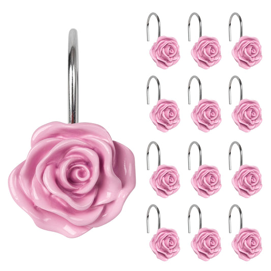 Sunlit Rose Shower Curtain Hooks, Home Decorative Flower Shower Curtain Rings for Bathroom, Resin, Crystal Red Floral Shower Curtain Hanger Hooks for Living Room, Set of 12