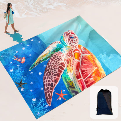 Sunlit 106"x81" Large Soft Sand Poof Beach Blanket with Corner Pockets and Mesh Bag for Beach Party, Travel, Camping and Outdoor Picnic, Light Weight and Portable, Sea Turtle Blue Wave