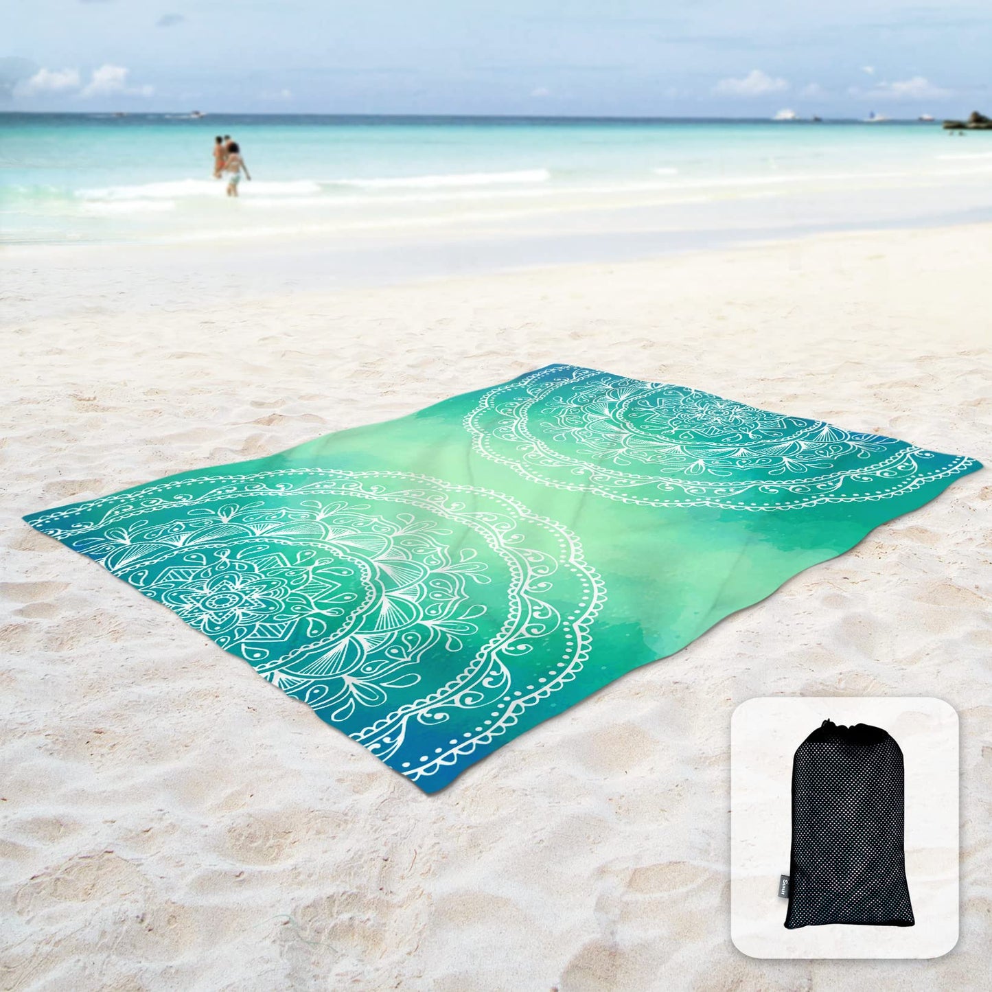 Sunlit 10'x9' Extra Large Boho Sand Proof Beach Blanket, Sand Proof Mat with Corner Pockets and Mesh Bag for Beach Party, Travel, Camping and Outdoor Music Festival, Light Orange and Sky Blue Mandala