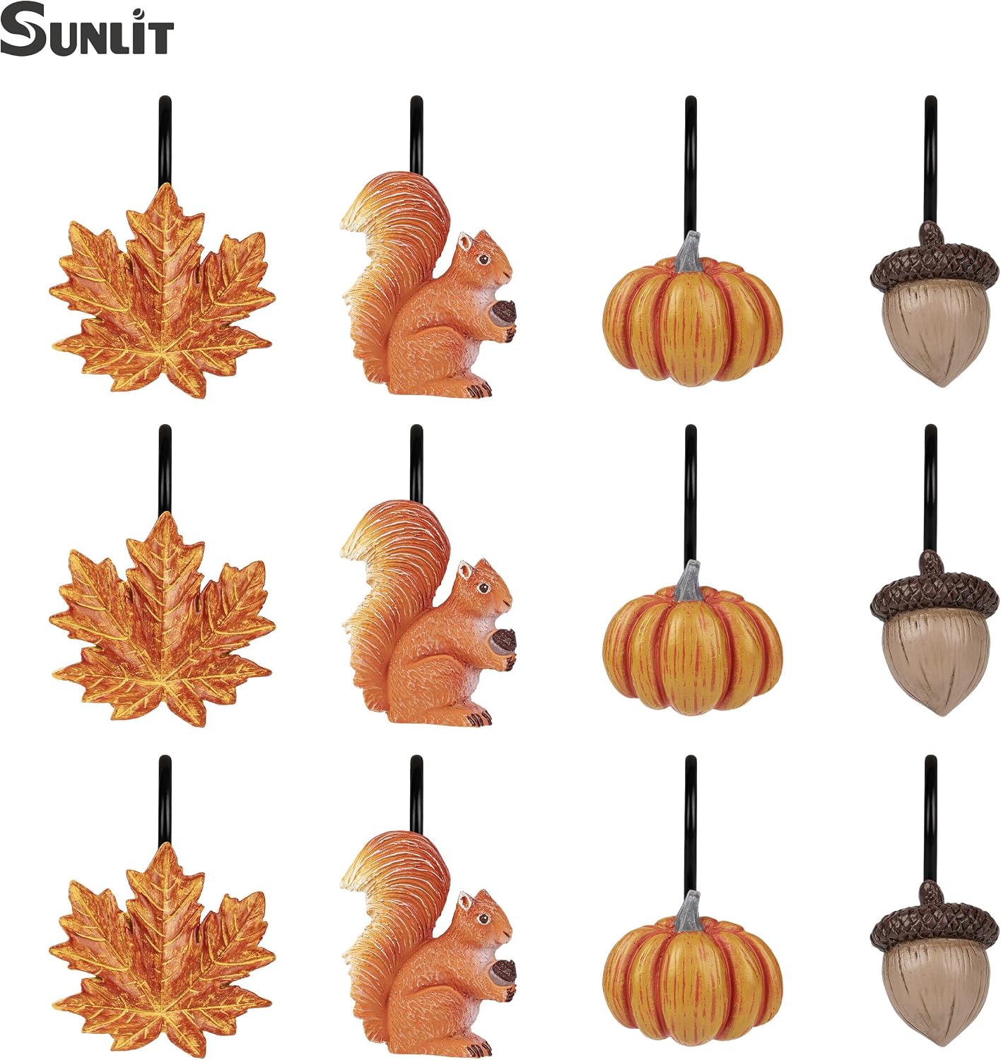 Sunlit Fall Autumn Decorative Shower Curtain Hooks, Pumpkin Maple Leaf Squirrel Acorn Shower Curtain Rings with Black Hooks, Resin, Orange Leaves Cute Bathroom Curtain Hangers Decoration, Set of 12
