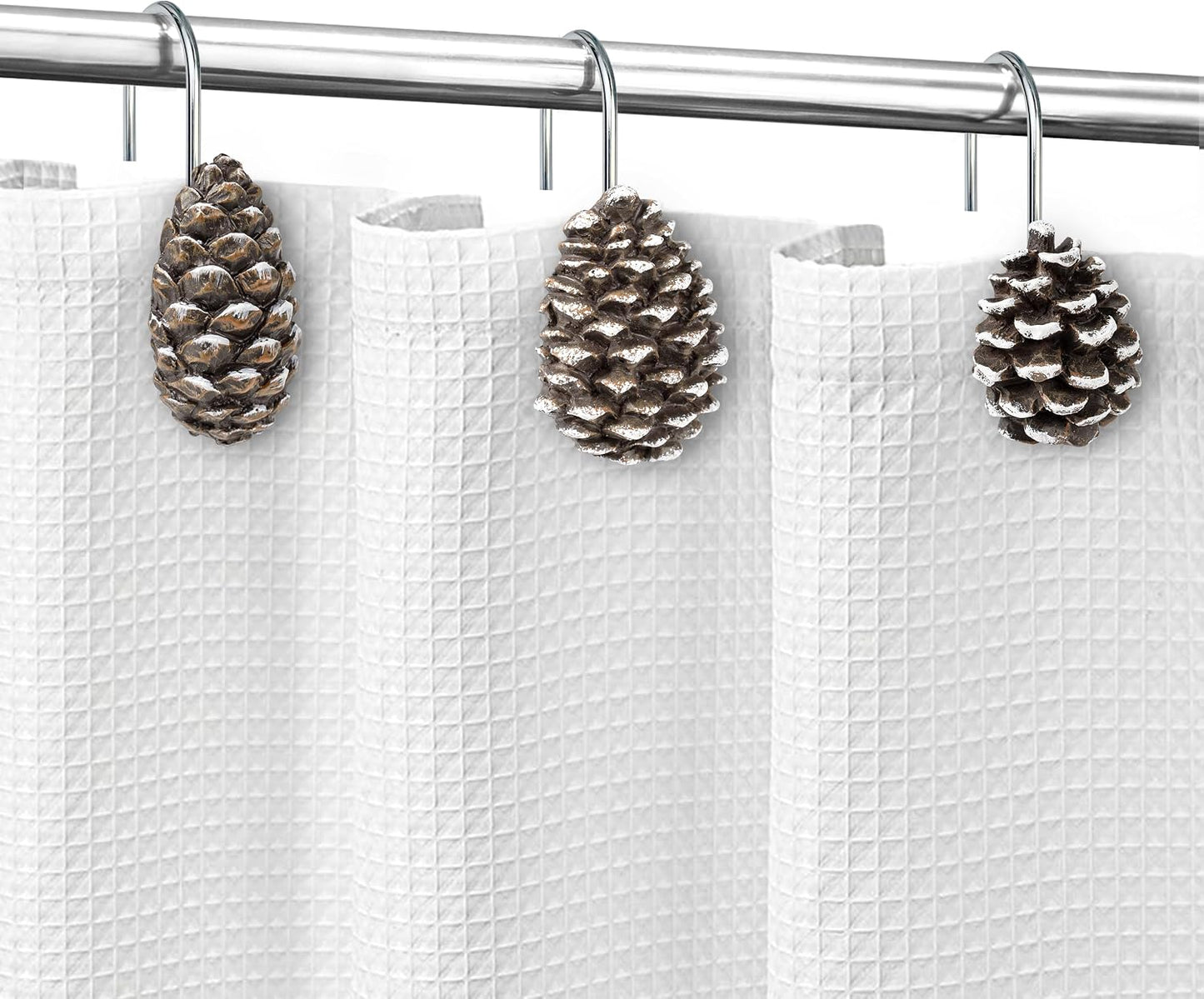 Sunlit Snowy Pinecone Shower Curtain Hooks Set of 12, Snow-Tipped Pine Cone Curtain Rings for Christmas Winter Bathroom Decor, Rustic Decorative Resin Bath Accessories